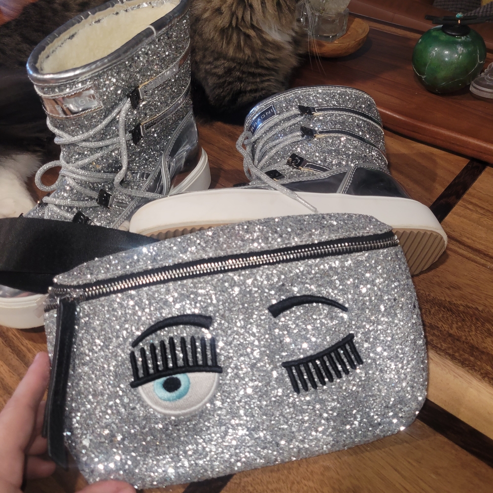 Chiara Ferragni Sparkling Silver Boots+ Belt Bag